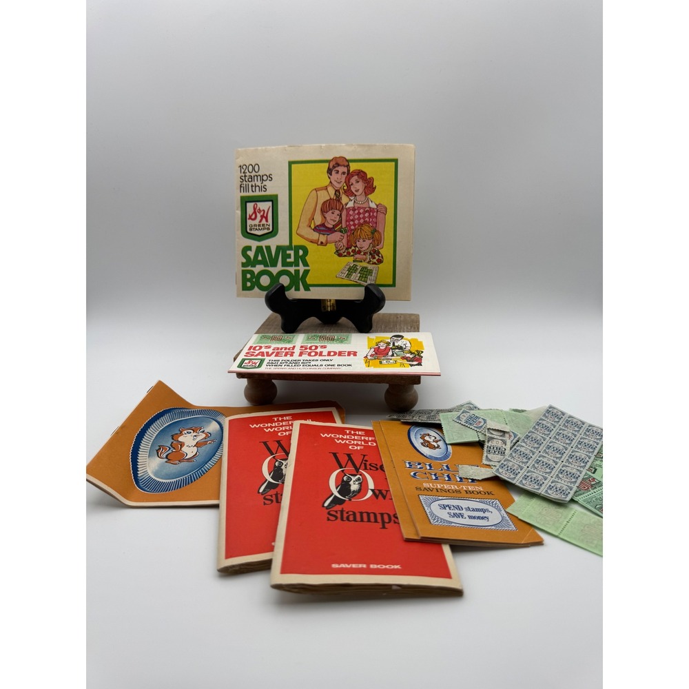 Vintage S&H Green Stamps Blue Chip Wise Owl Saver Books and Loose Stamp Lot